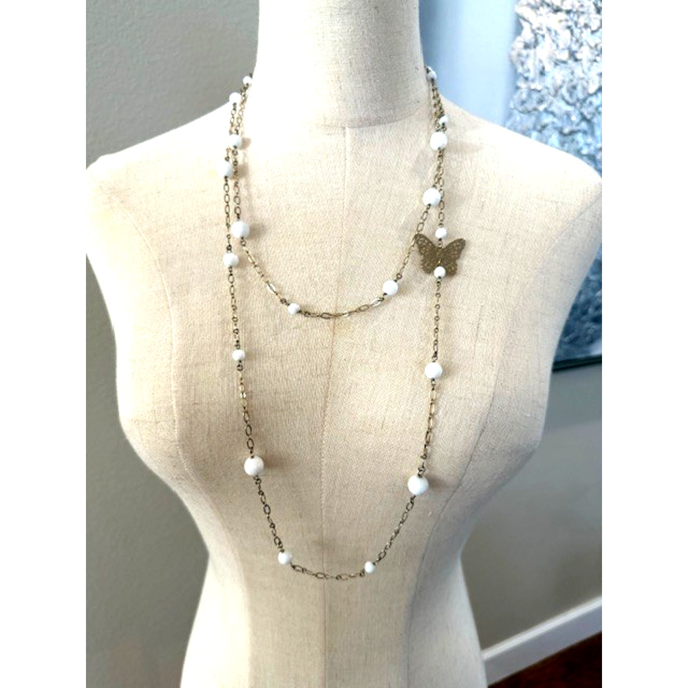 Fendi F Fendi Gold Tone Long Chain Butterfly Necklace Faux Pearl VINTAGE RARE